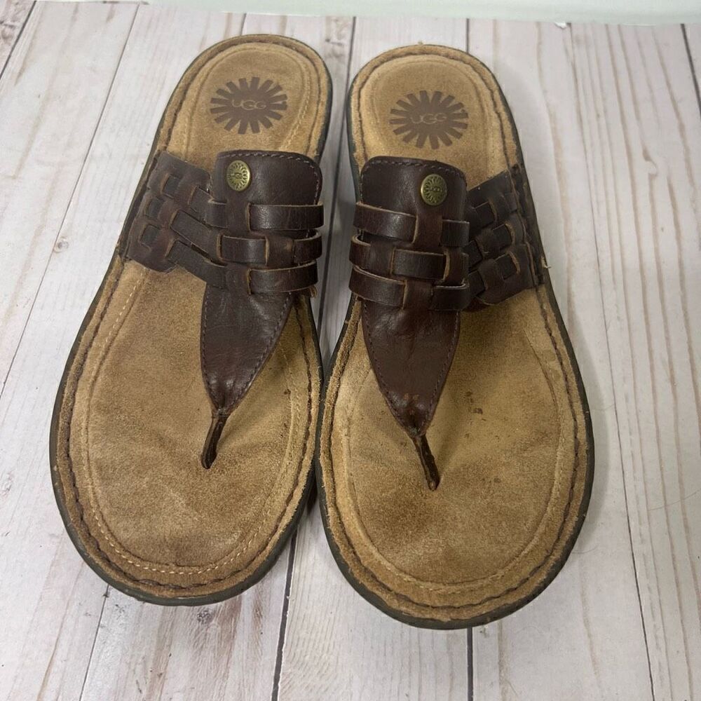 UGG Brown Leather Woven Toe-Post Sandals